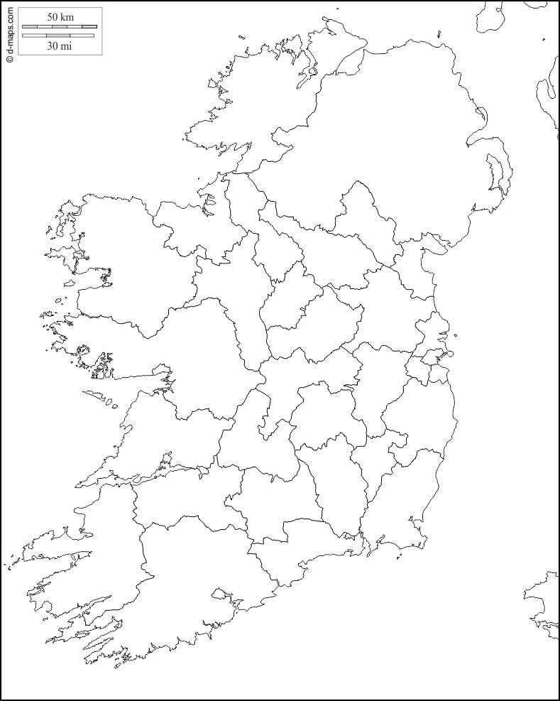 mapa em branco da irlanda com o município fronteiras