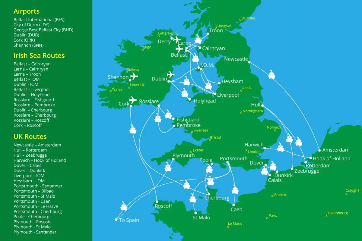 mapa de travessias de ferry para a irlanda