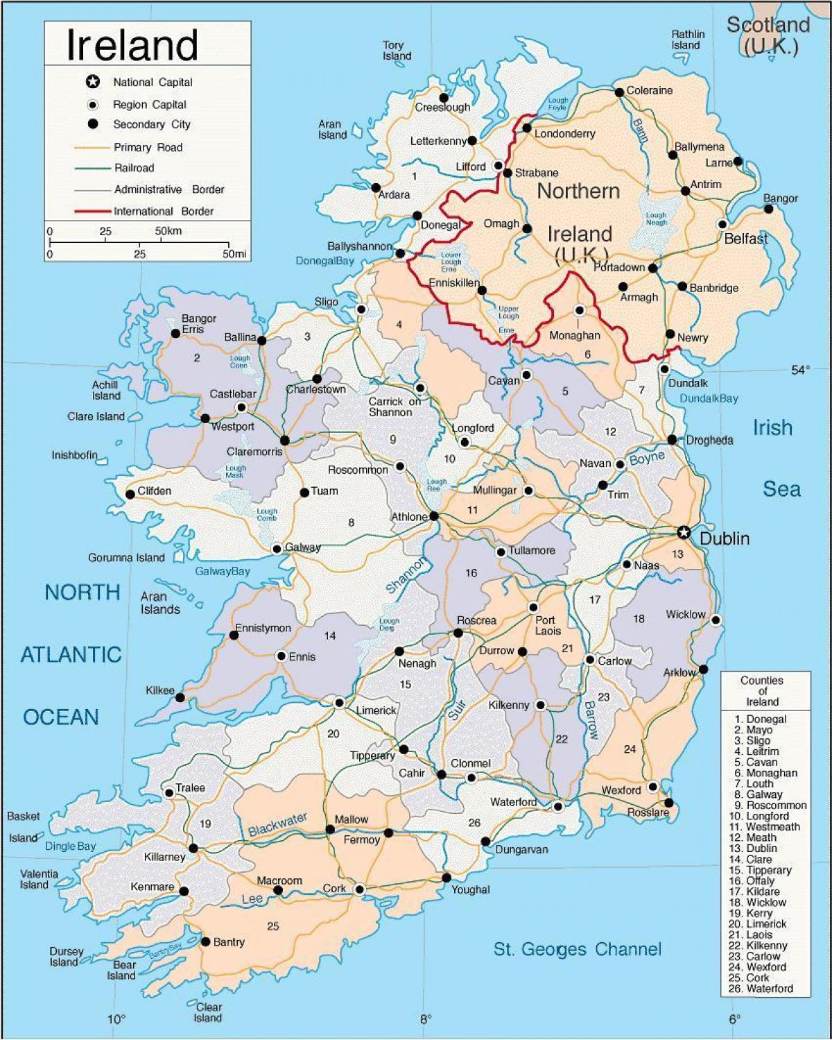 mapa da irlanda, mostrando cidades