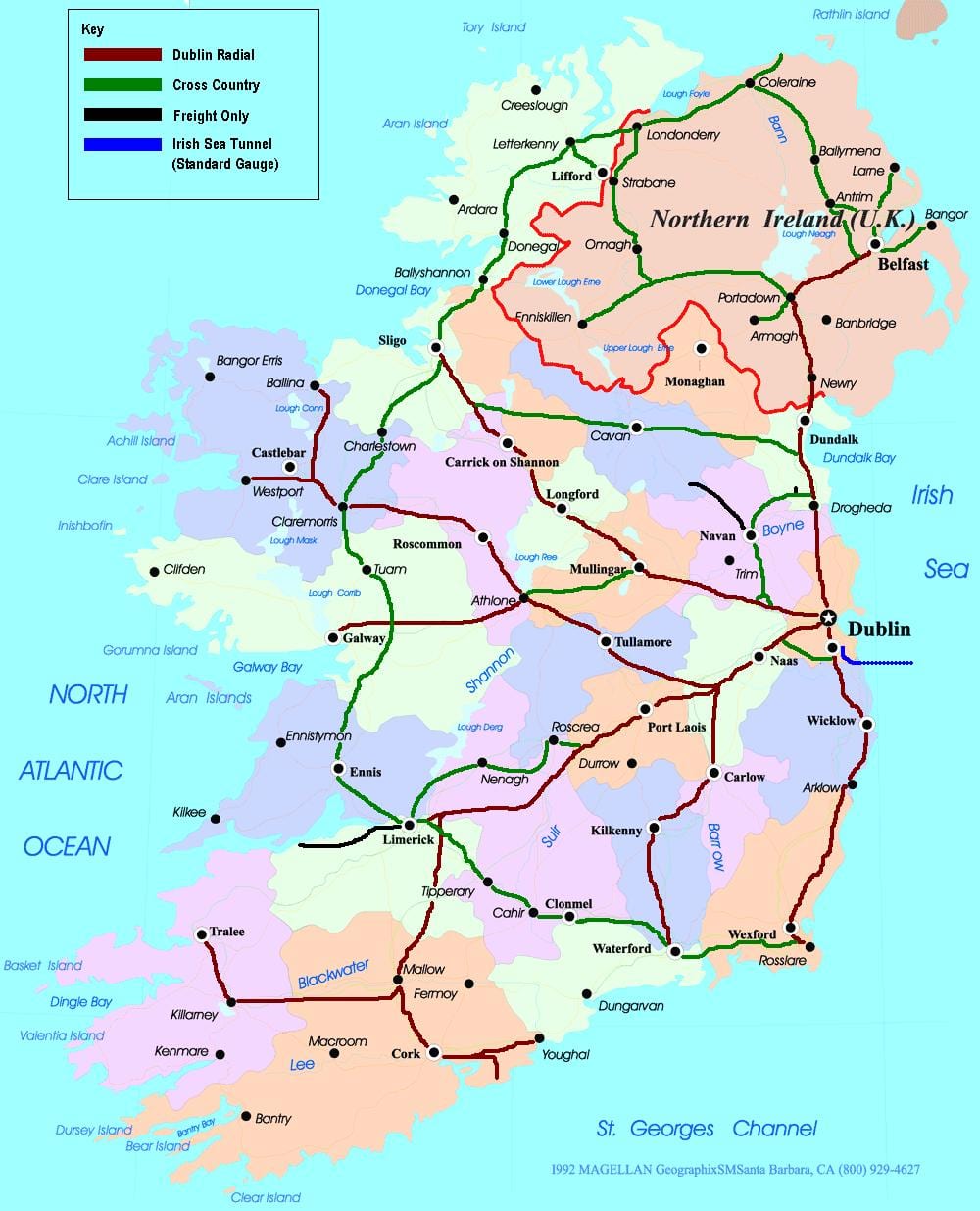 mapa de rotas de trem na irlanda