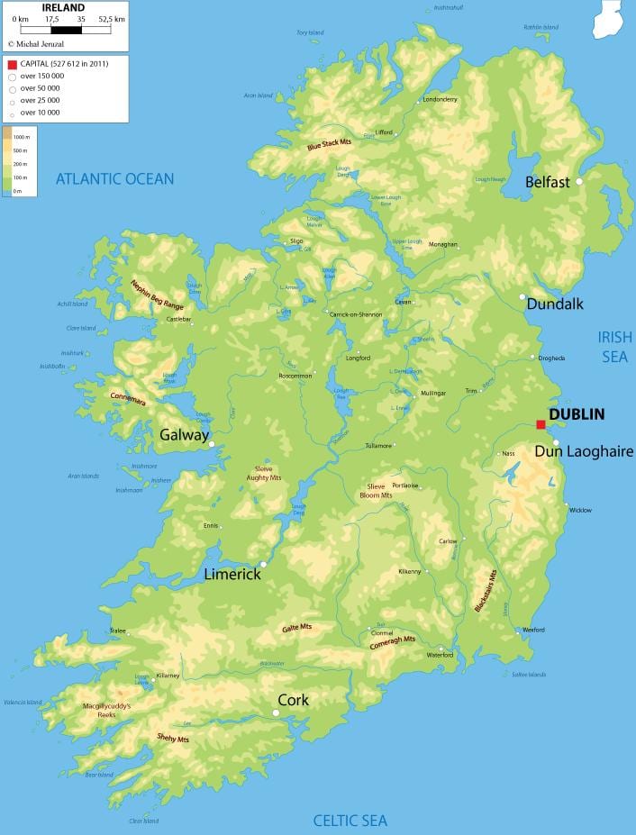 mapa em relevo da irlanda