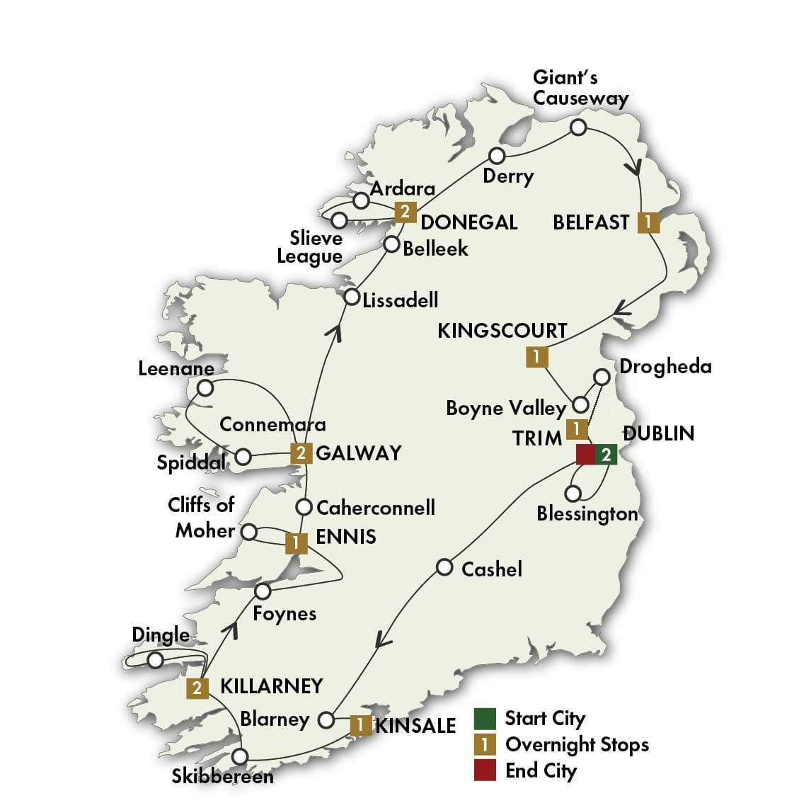 mapa de melhor roteiro da irlanda