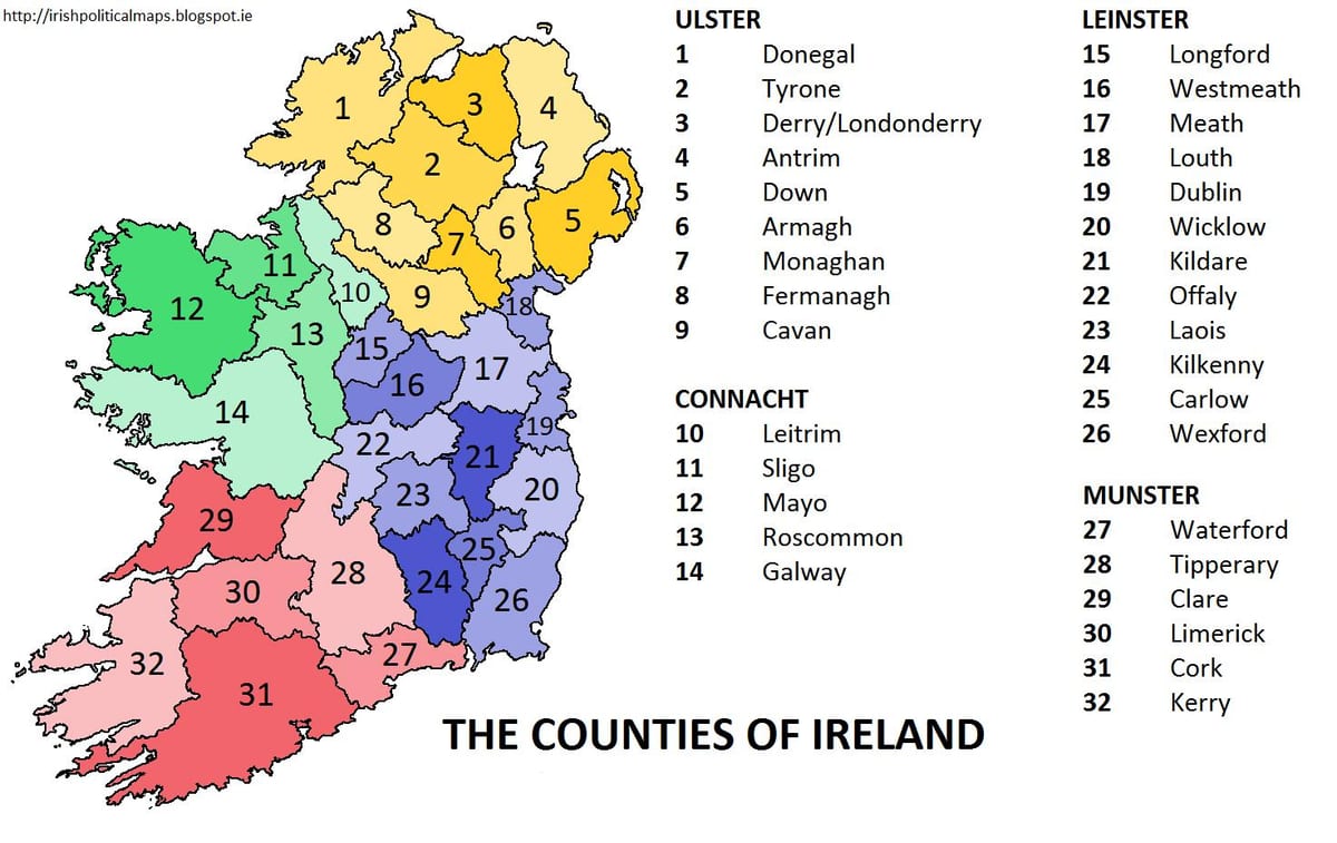 mapa da irlanda, mostrando províncias