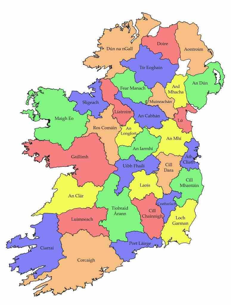 mapa da irlanda com o município de nomes